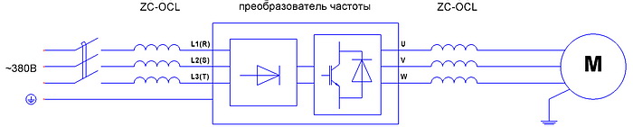 Схема подключения дросселя ZC-OCL к преобразователю частоты